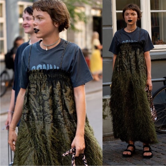 GANNI Faux Feather Embellished Jacquard Midi Dress Kalamata Green - Picture 3 of 9